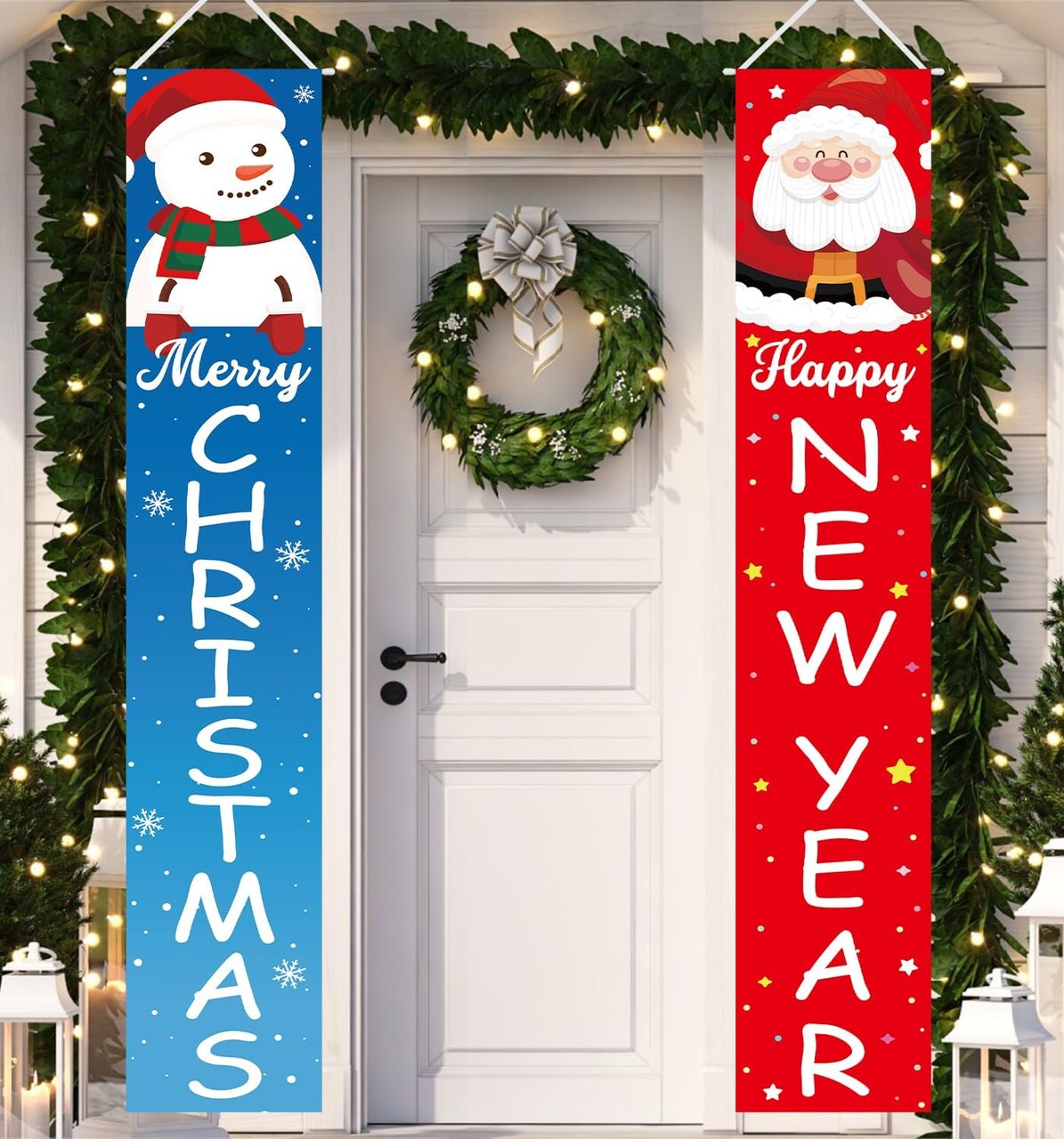 Merry Christmas and Happy New Year Santa Snowman Banner Decoration - 70"L x 12"W
